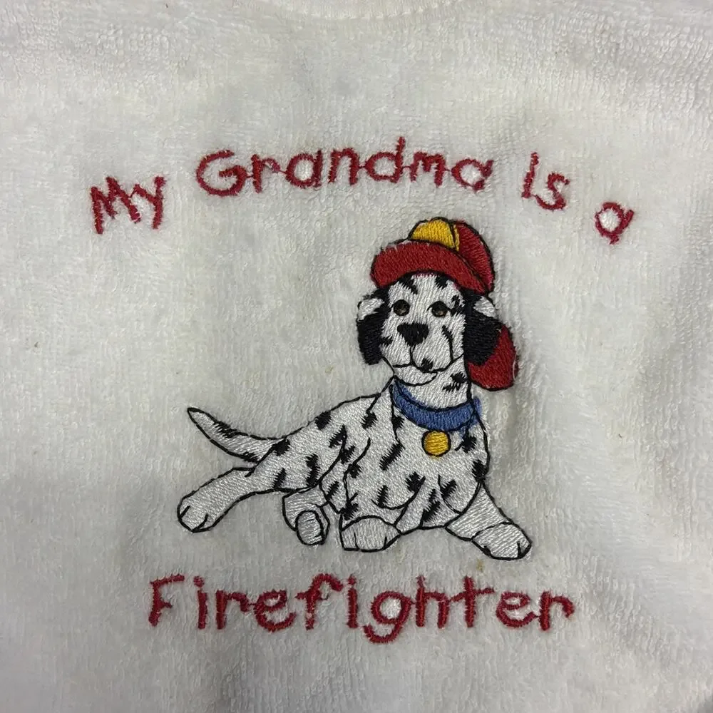 Bib My Grandma is a Firefighter Dalmatian Dog Embroidered Terry Cloth Baby Gift